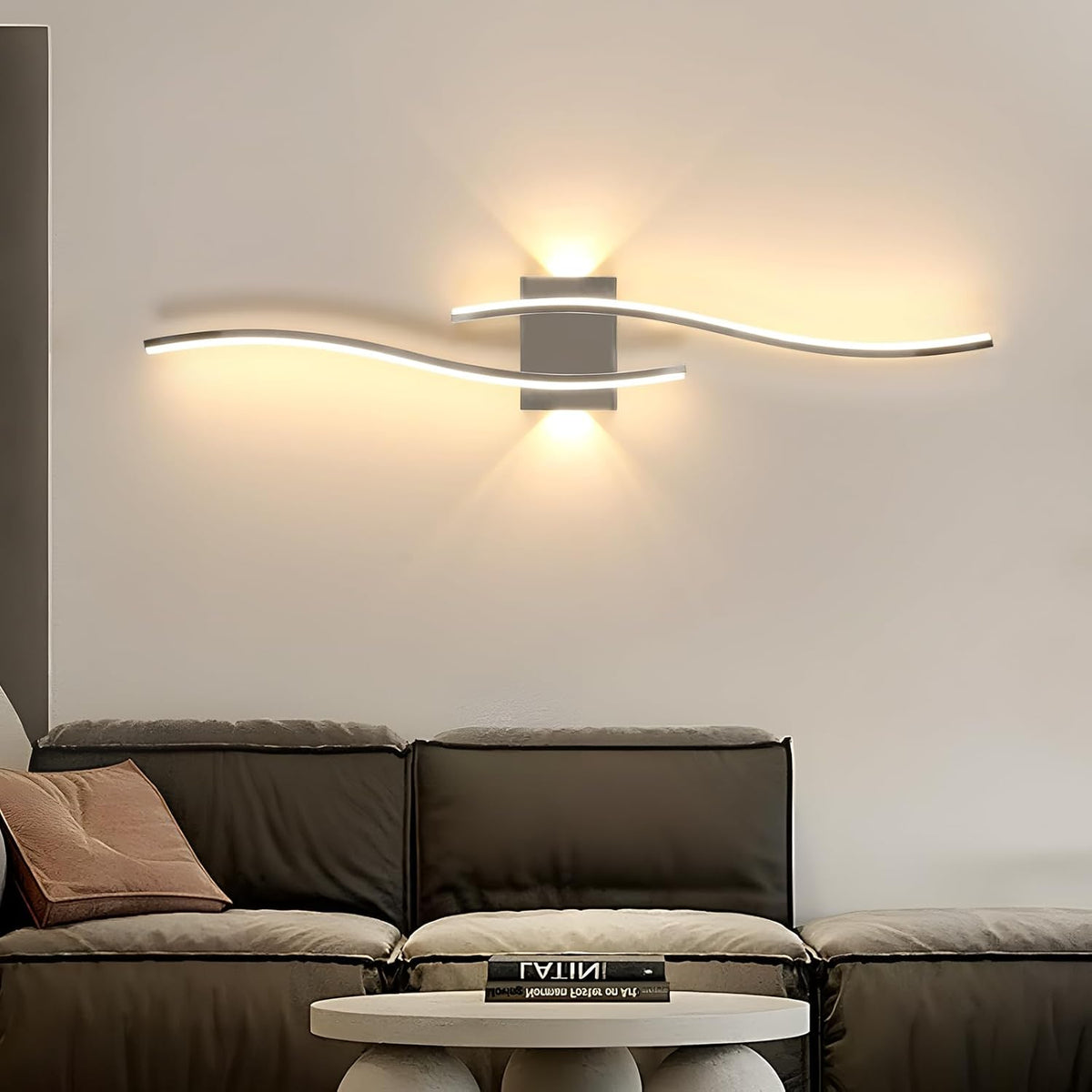 Comely Wandlampe Innen LED Moderne, Wandleuchte up and down 27W 3000LM, Gebogene Design Wandleuchten Silber f¨¹r Wohnzimmer Schlafzimmer Treppenhaus Flur, Warmwei? 3000K